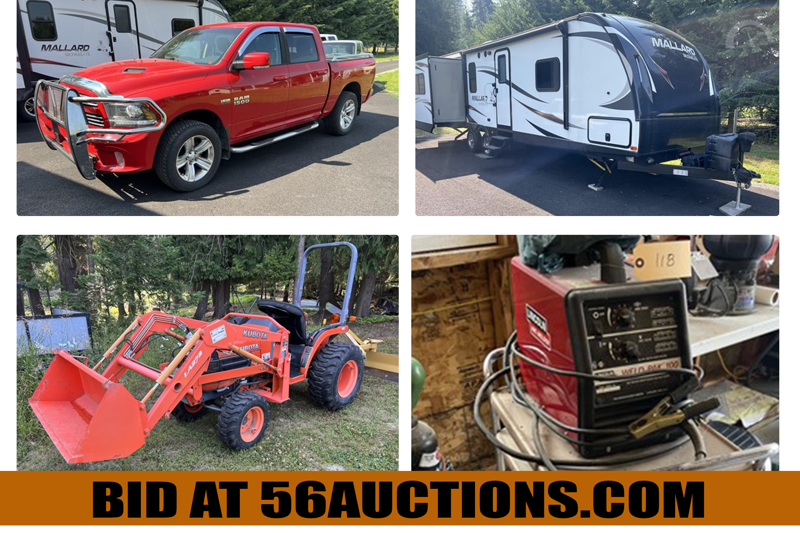 ONLINE EQUIPMENT AUCTION ENDS Sept.  ONLINE EQUIPMENT AUCTION ENDS Sept. 27th. Bonners Ferry, ID. Travel Trailer, 2013 Dodge, Lawn Mowers and more! Bid at 56auctions.com.